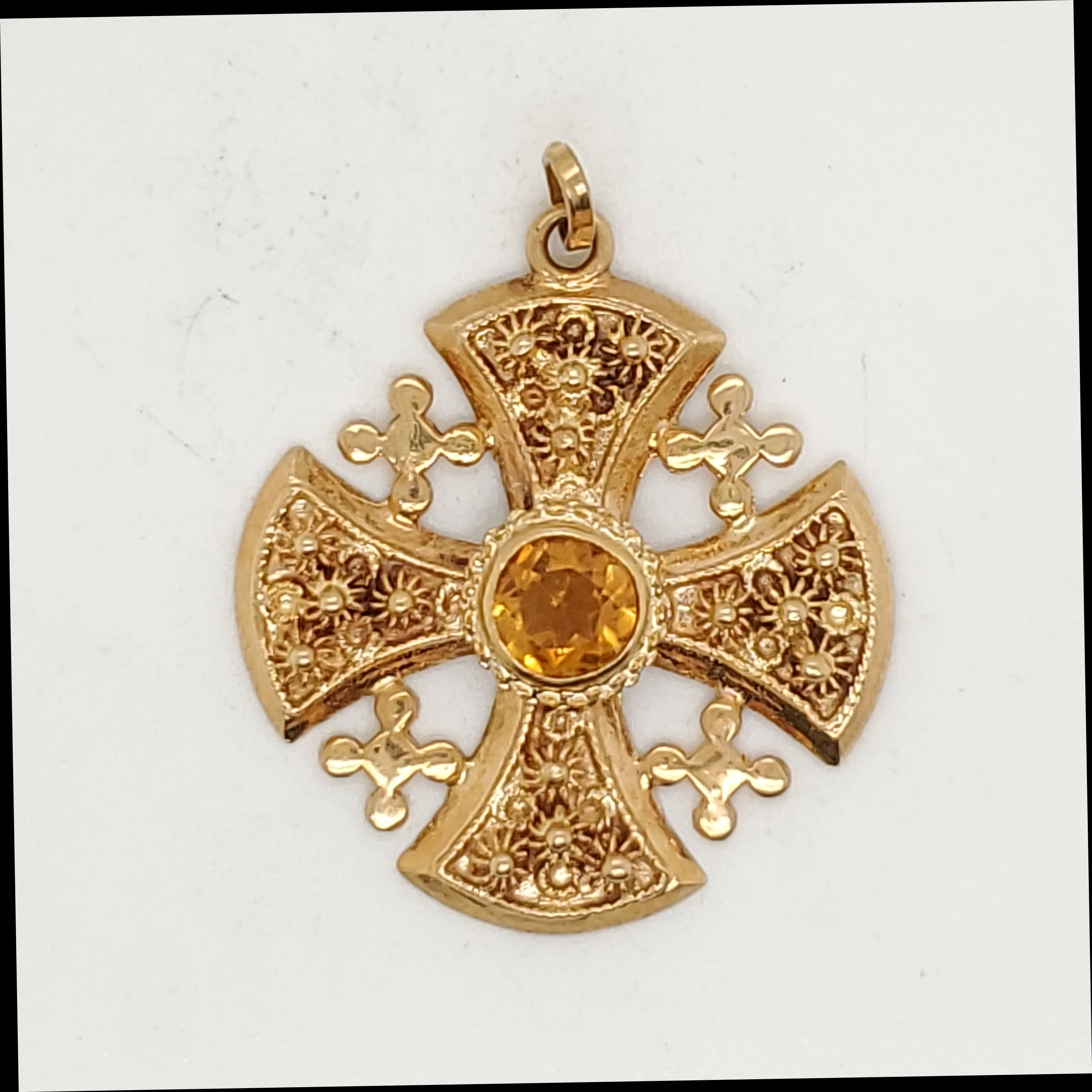 Vintage Lebanese 18Kt Yellow Gold and Citrine Jerusalem Cross Pendant