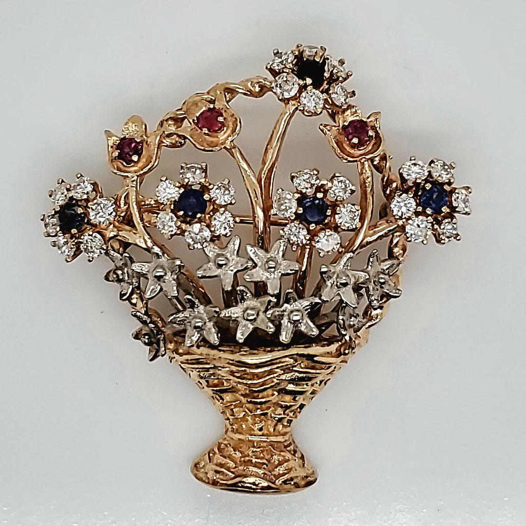 Vintage Mid-Century 14Kt Yellow Gold Diamond Sapphire And Ruby Flower Basket Brooch