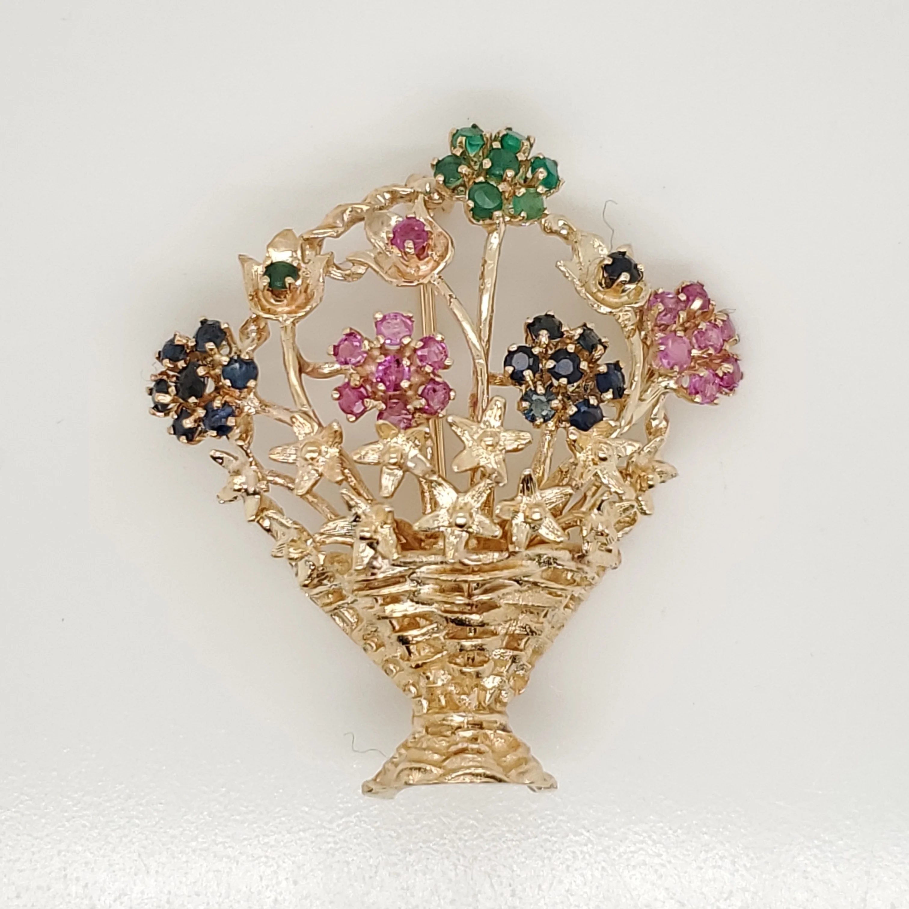 Vintage Mid-Century 14Kt Yellow Gold Emerald Sapphire And Ruby Flower Basket Brooch