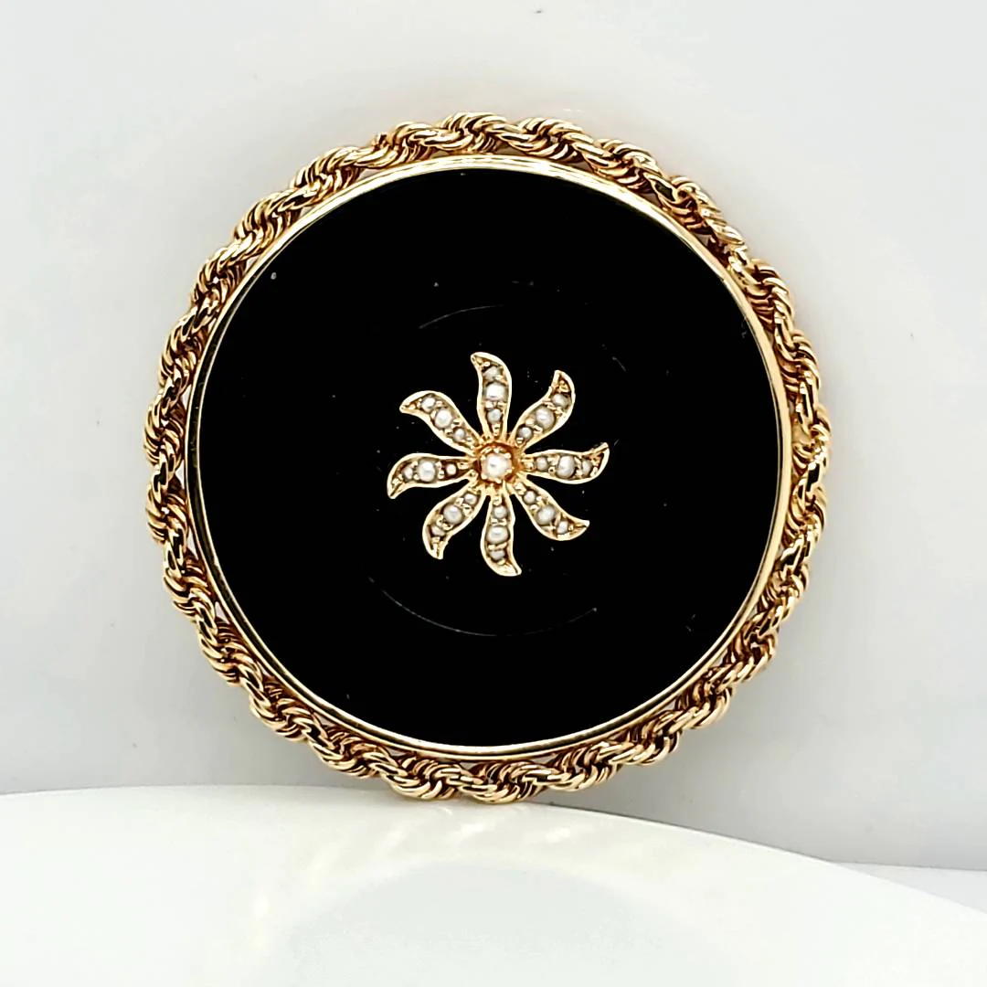 Vintage Mid-Century 14kt Yellow Gold Onyx and Pearl Brooch