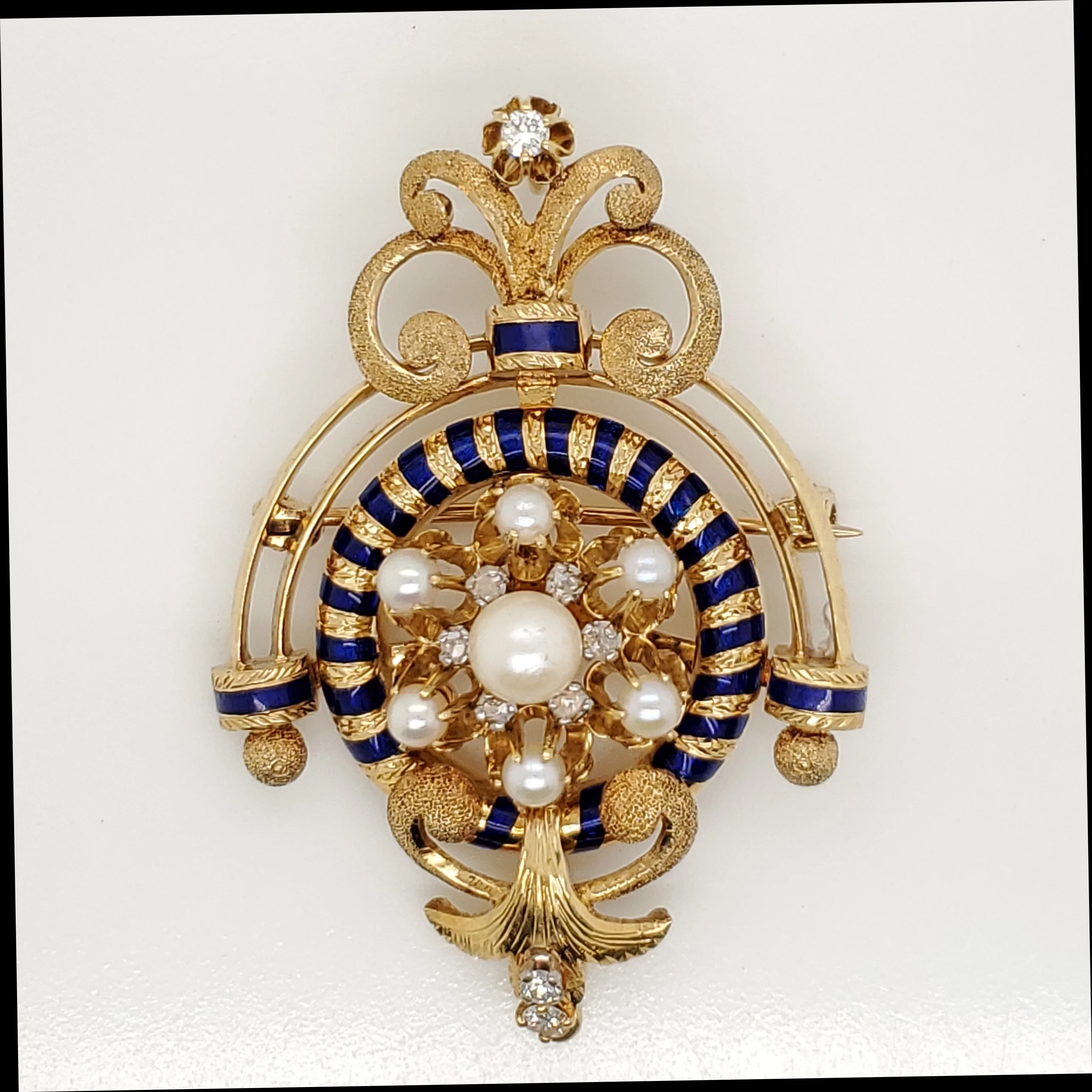 Vintage18kt Yellow Gold Pearl and Diamond Brooch Pendant